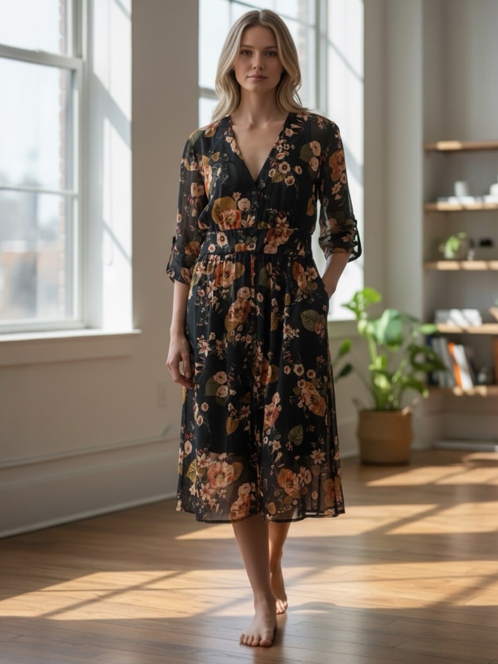 Zara Basic Black Floral V-Neck 3/4 Sleeve Built in Shorts Romper Dress Size XL